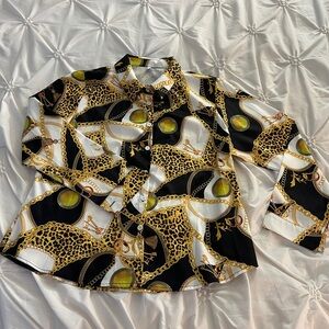 SHEIN Women's Button Down Shirt with Gold and Black Design